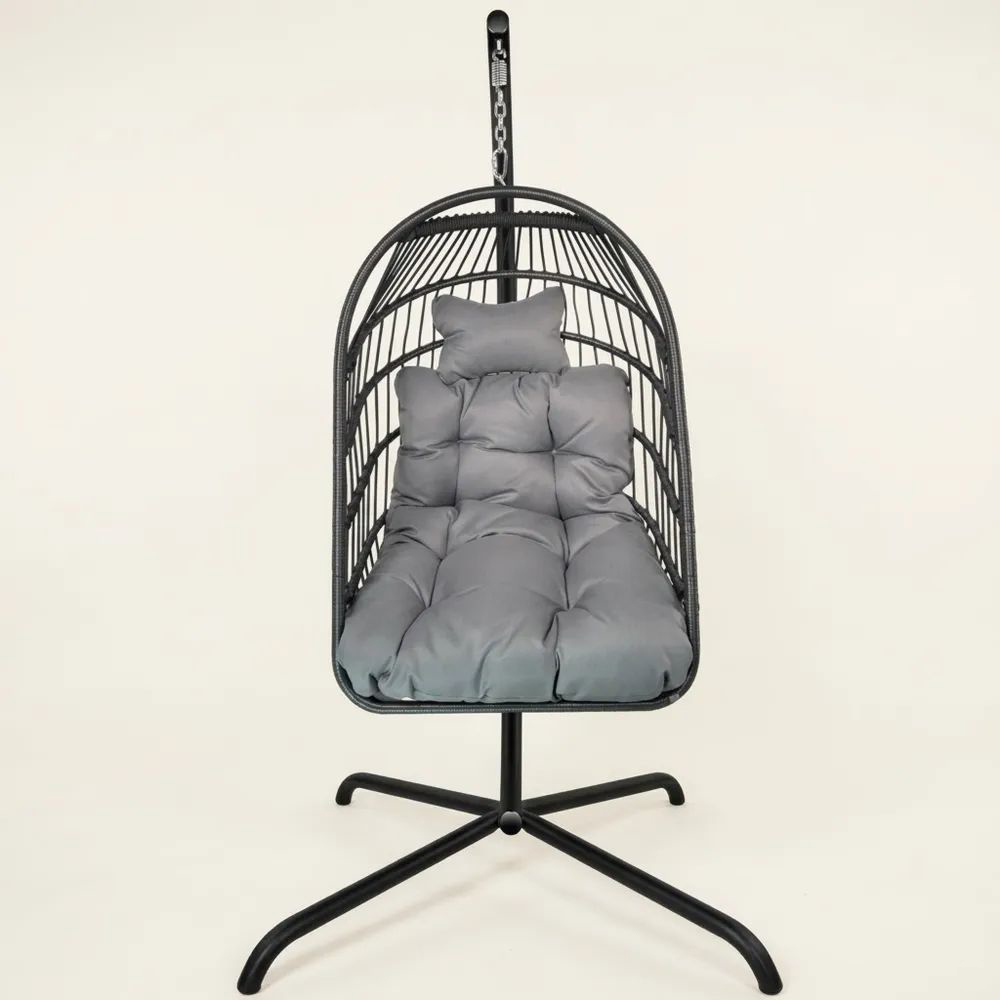 Silla colgante con soporte de acero y cojín gris-Casaluxeeu