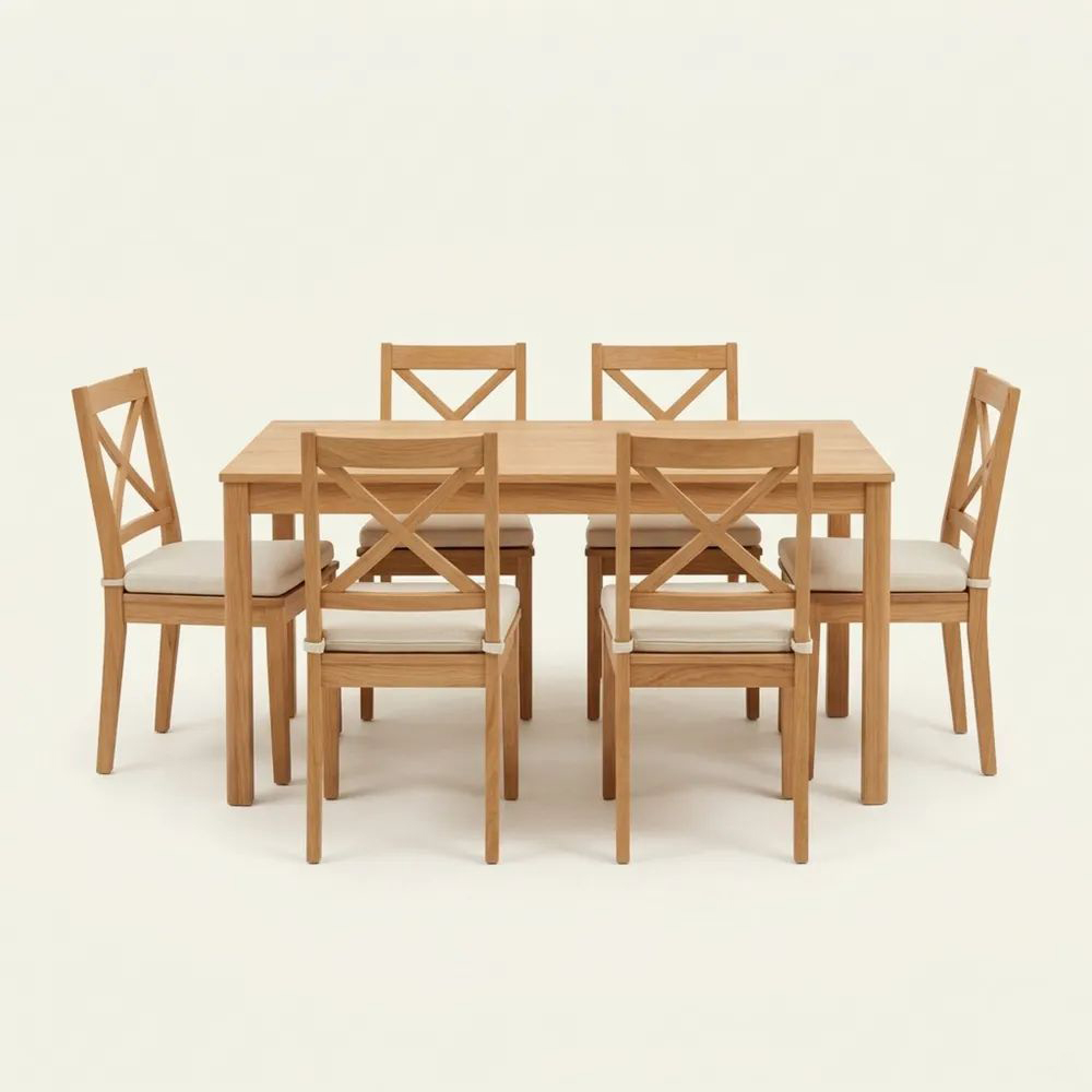 Conjunto de Mesa y 6 Sillas de Madera de Roble y Tapizado Beige-Casaluxeeu