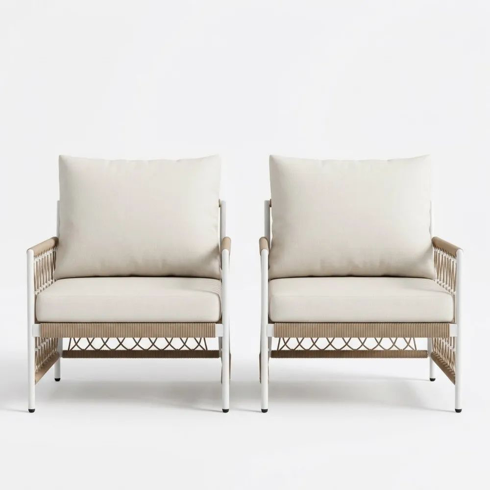 Conjunto de Sillones de Exterior de Acero y Cuerda de Poliéster Blanco/Beige-Casaluxeeu
