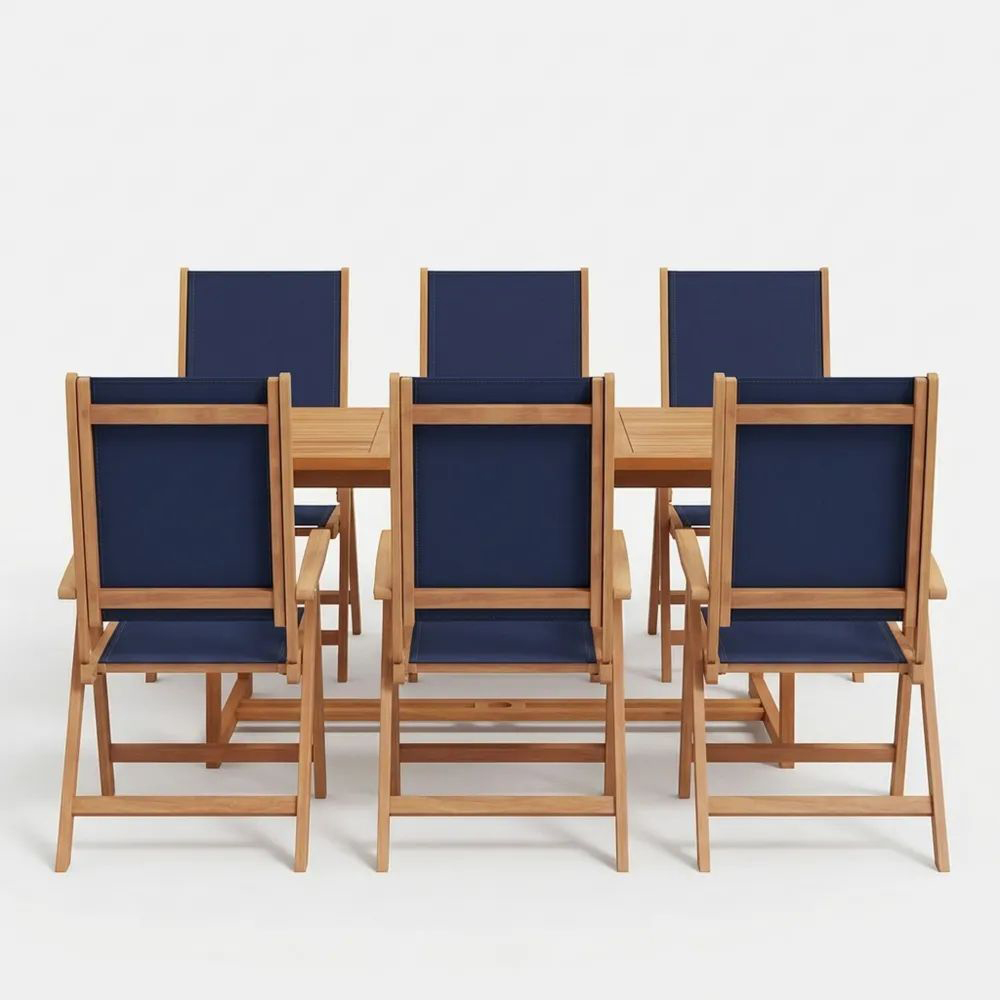 Conjunto de Comedor Exterior de Madera de Teca y Tela Azul, 7 Piezas-Casaluxeeu
