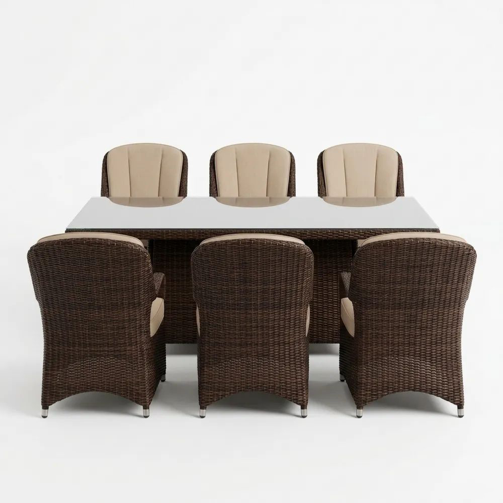 Conjunto de comedor de ratán con cristal templado y 6 sillas-Casaluxeeu