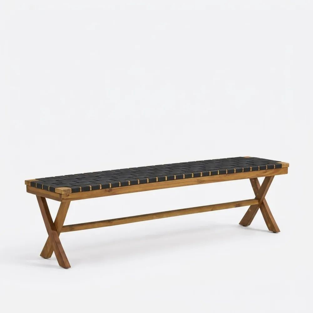 Banco trenzado de acacia y cuero sintético 160x35x45 cm-Casaluxeeu