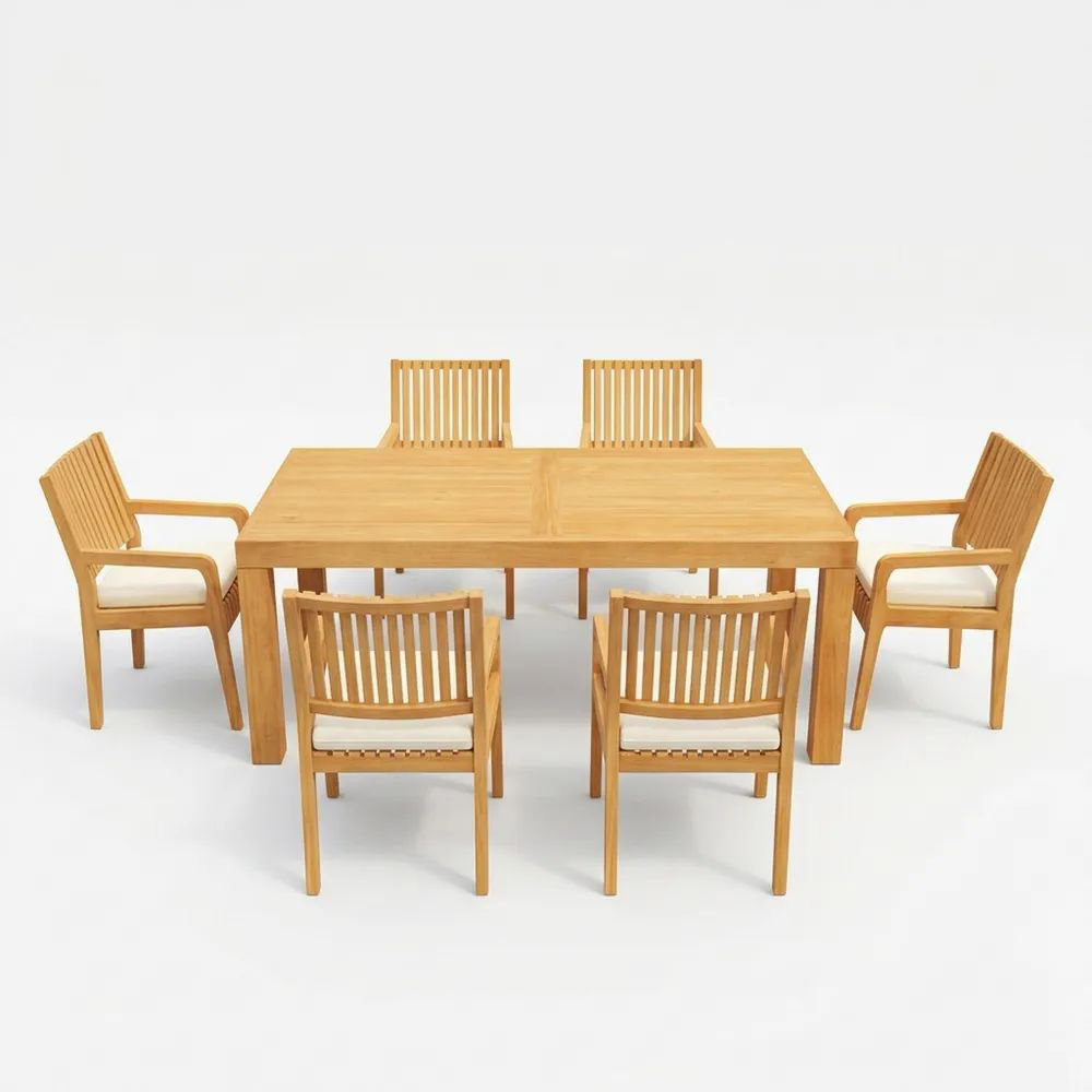 Conjunto de comedor de jardín de madera con cojines beige-Casaluxeeu