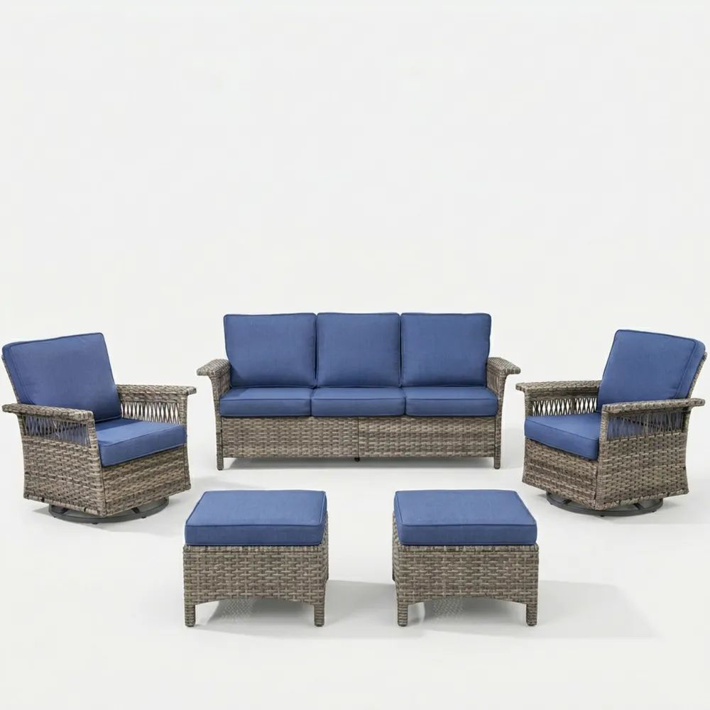 Conjunto de Muebles de Ratán Sintético con Cojines Azules-Casaluxeeu