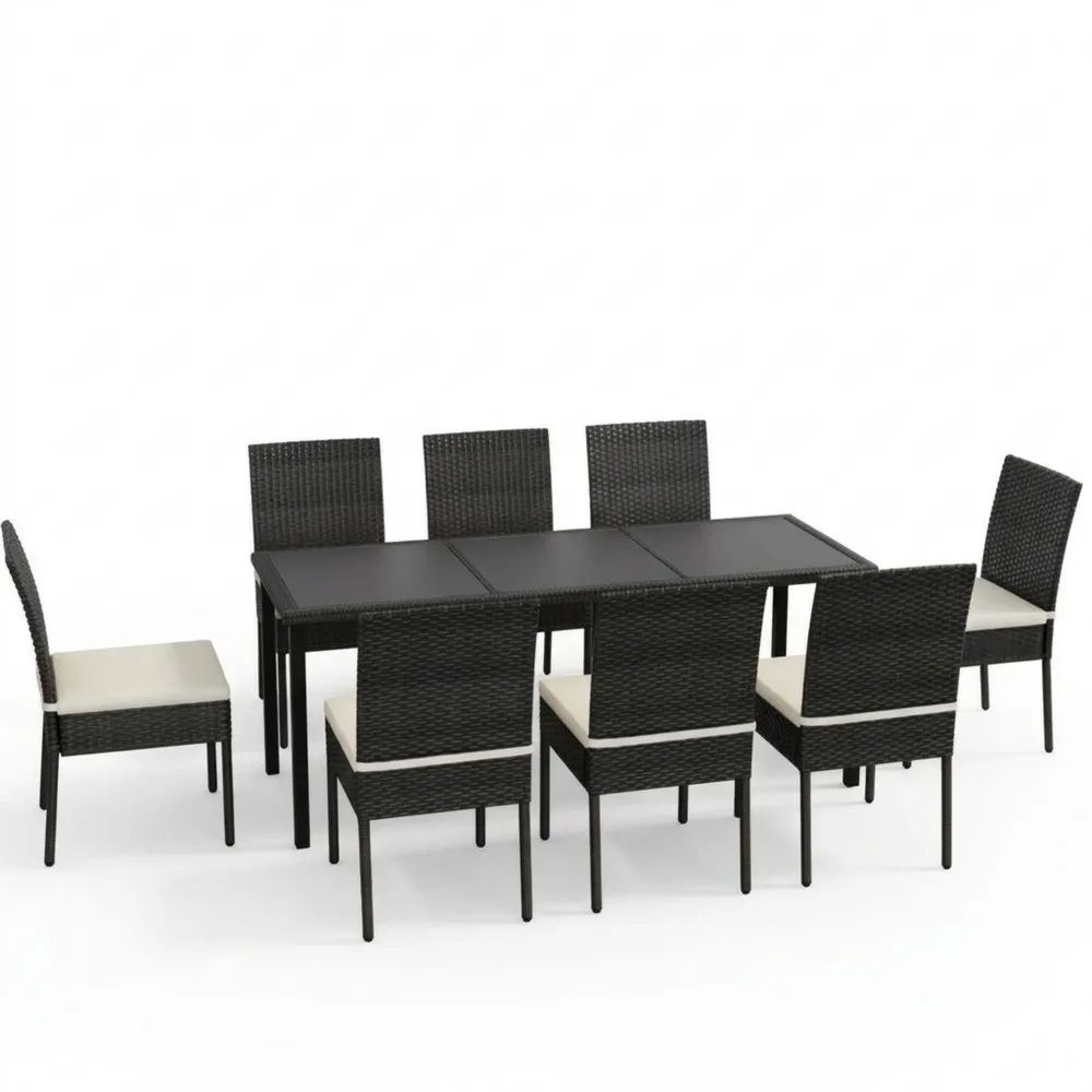 Conjunto de Comedor 9 Piezas Ratán Acero Negro Cojines Crema-Casaluxeeu