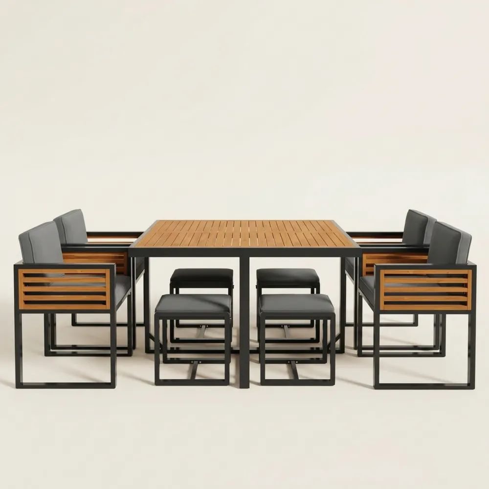Conjunto de comedor exterior de metal y madera 9 piezas-Casaluxeeu
