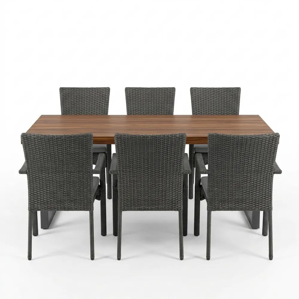 Juego de Comedor Exterior 6 Sillas Ratán Sintético y Acero con Madera-Casaluxeeu