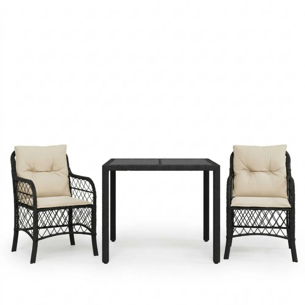 Conjunto de Mesa y Sillas de Ratán Sintético Negro con Cojines de Poliéster Beige-Casaluxeeu