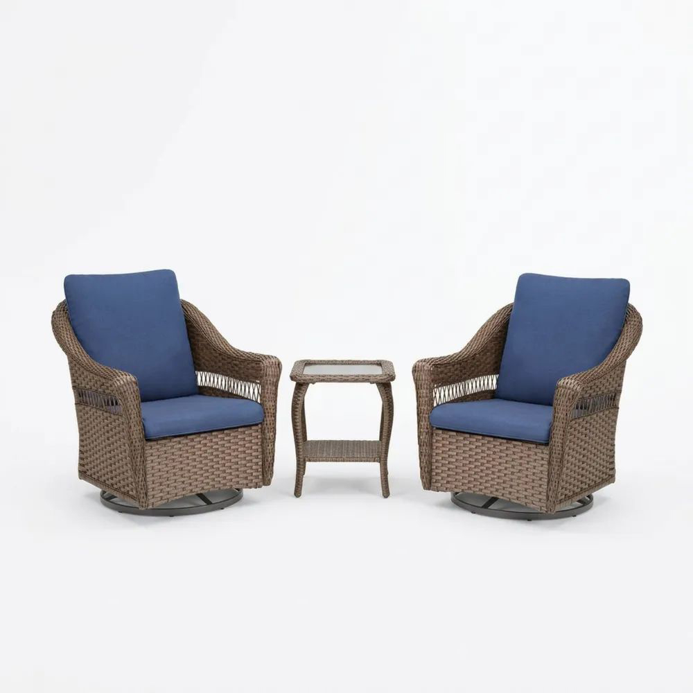 Set de Muebles Exterior de Ratán Sintético con Cojines Azules y Mesa de Vidrio-Casaluxeeu