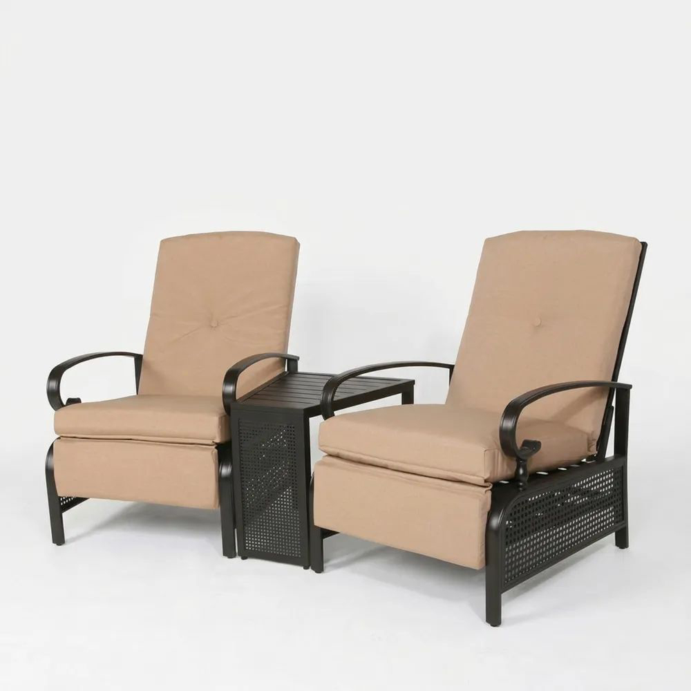 Conjunto de Sillas Reclinables Metálicas con Mesa Intermedia Beige y Negro-Casaluxeeu