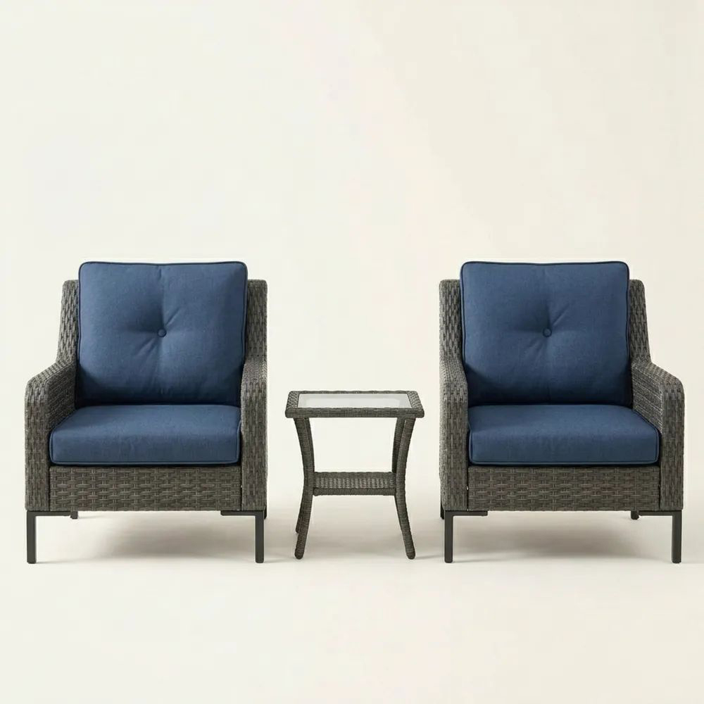 Conjunto de Sillas de Ratán Sintético y Mesa con Cojines Azul-Casaluxeeu