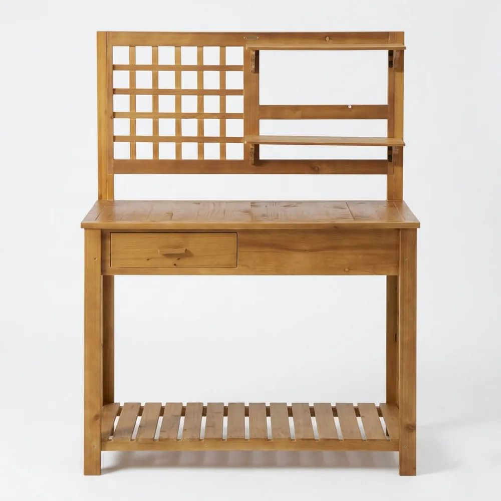 Macetero de madera de pino marrón claro con estante y cajones-Casaluxeeu