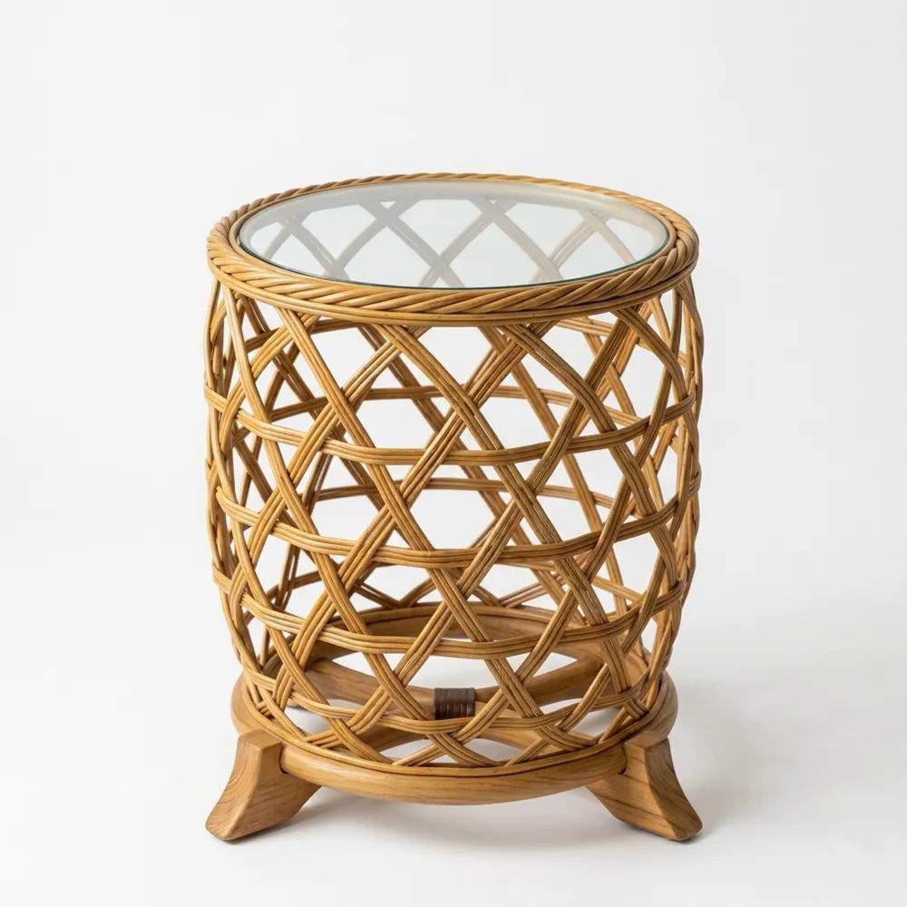Mesa auxiliar redonda de ratán y vidrio templado de 0,6 cm de grosor-Casaluxeeu