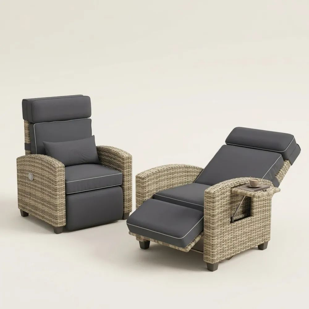 Conjunto de Sillones Reclinables de Ratán Sintético con Cojines de Poliéster Gris-Casaluxeeu