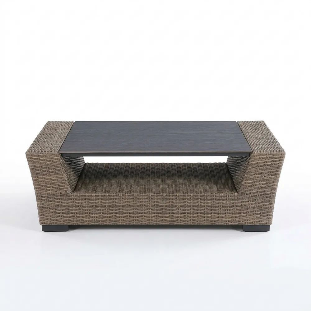 Mesa de café de ratán y roble marrón 120 cm x 60 cm x 45 cm-Casaluxeeu