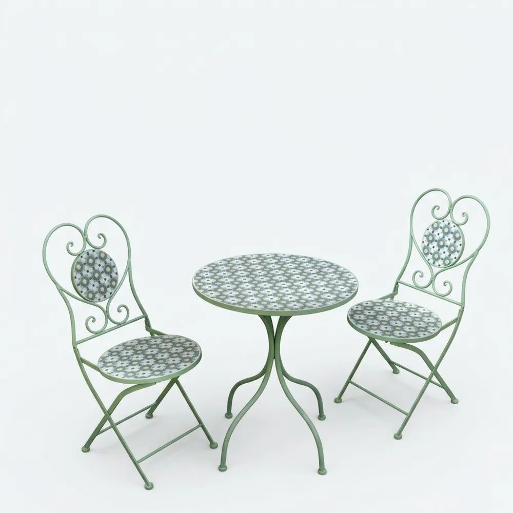 Conjunto de mesa y sillas con estructura de acero y mosaico verde-Casaluxeeu