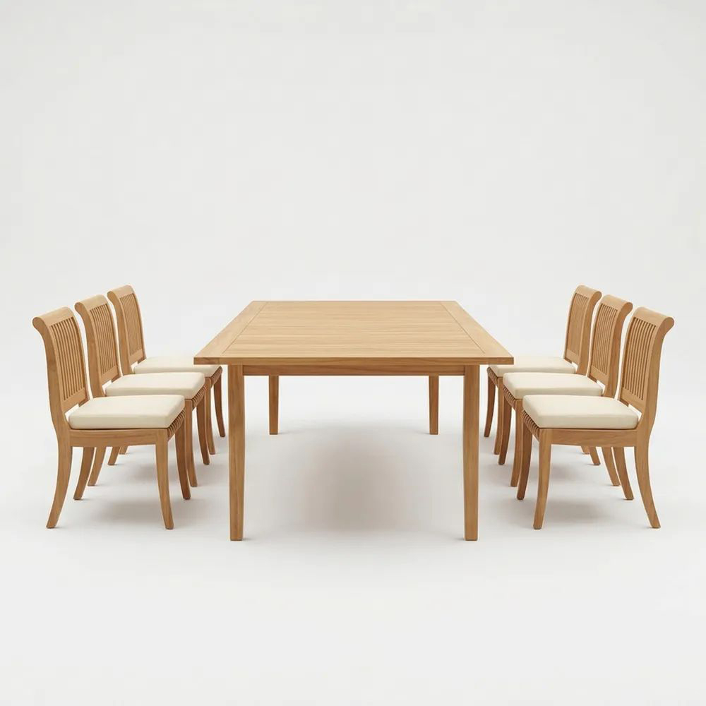 Conjunto de Mesa de Comedor de Madera de Teca con 6 Sillas y Cojines Beige-Casaluxeeu