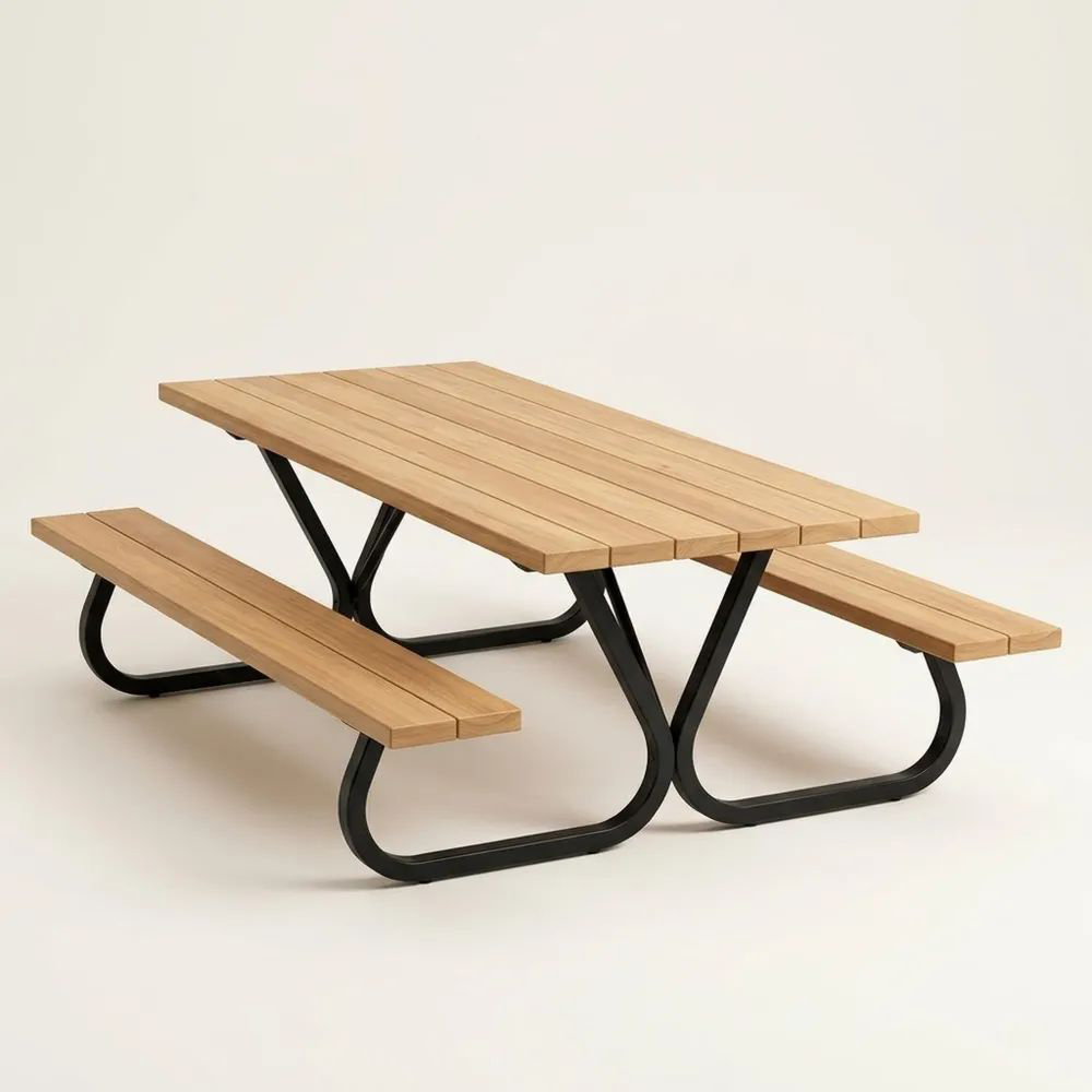 Mesa con tablones de madera de acacia y estructura de acero con acabado negro-Casaluxeeu