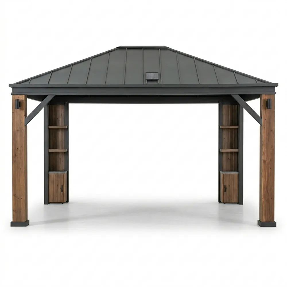 Pérgola de aluminio con techo de acero galvanizado y acabado en roble-Casaluxeeu