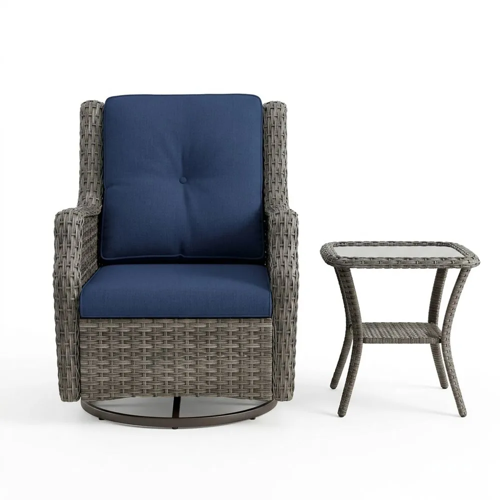 Set Poltrona in Rattan Sintetico con Cuscini Blu e Tavolino in Vetro per Esterno