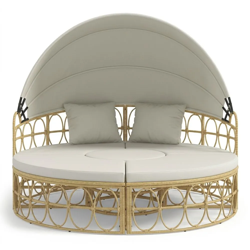 Letto da Giardino Rotondo in Rattan Sintetico Beige con Tettuccio