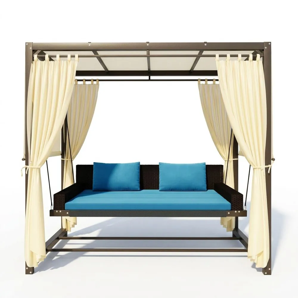 Letto a Dondolo da Esterno in Acciaio e Poliestere Marrone Blu Crema 200x160x250 cm