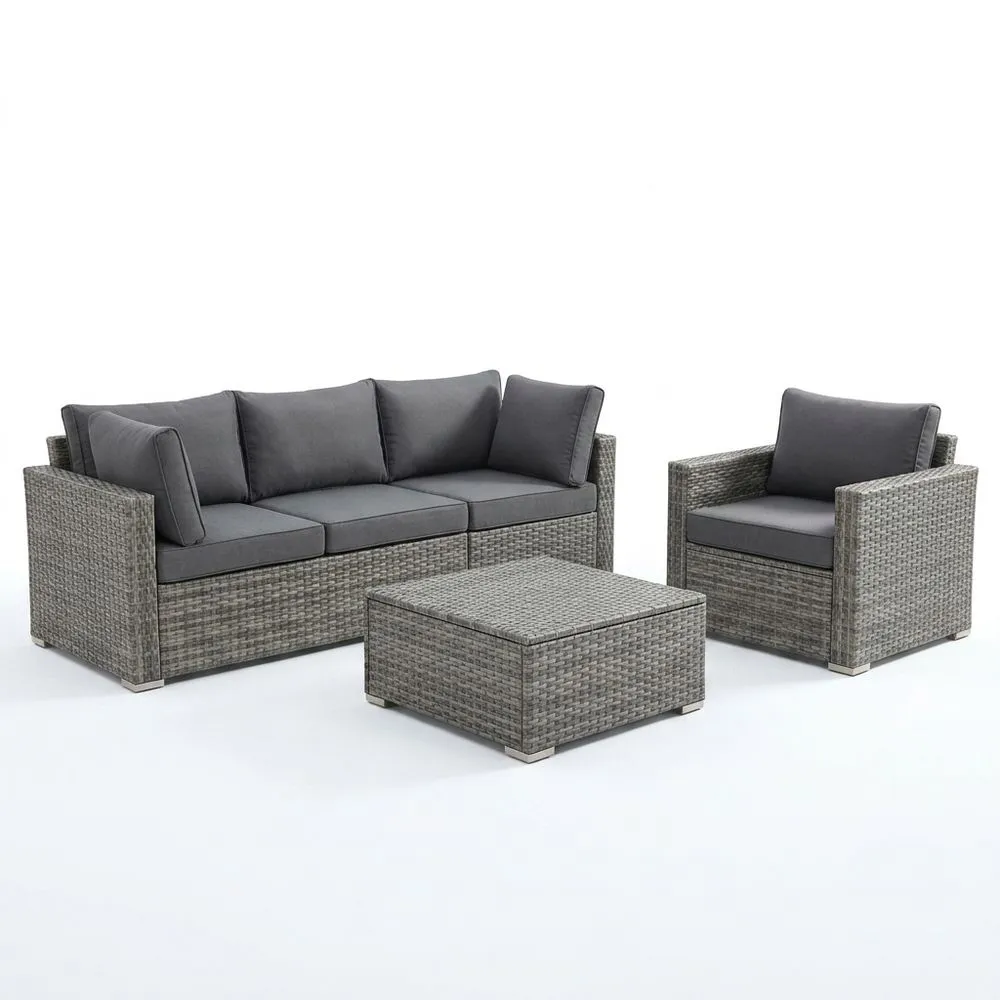 Set di mobili da giardino in rattan sintetico grigio con divano, poltrona e tavolino