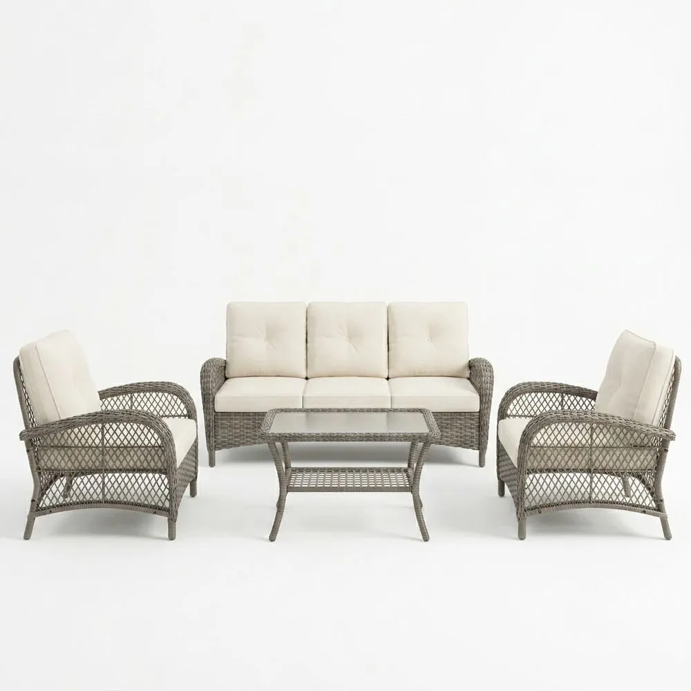 Set salotto da giardino in rattan sintetico e vetro temperato beige/grigio