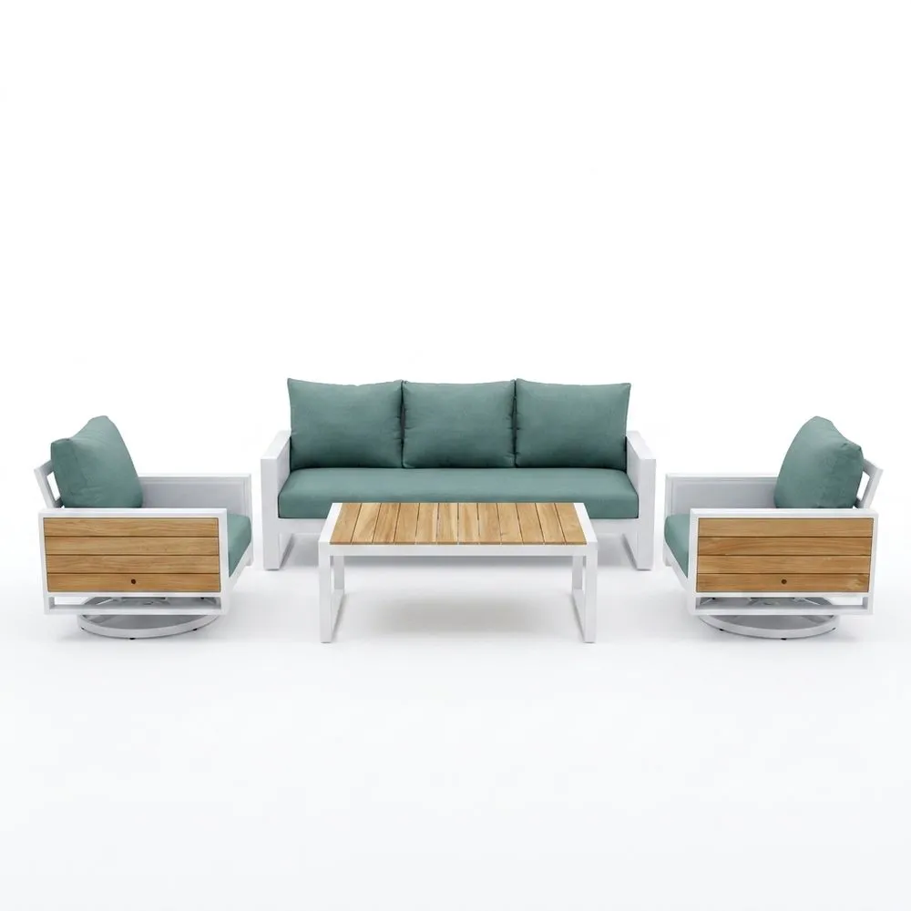 Set arredo giardino in alluminio e legno teak con cuscini in poliestere