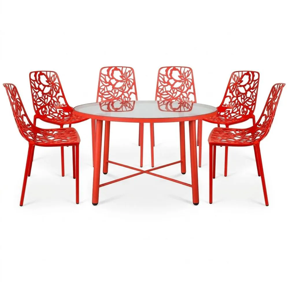 Set di tavolo e sedie in alluminio rosso e vetro