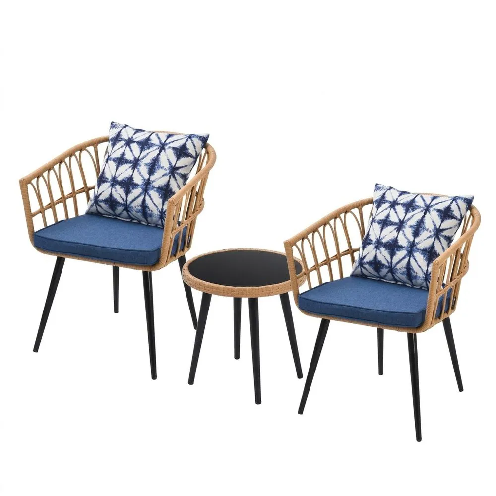 Set Salotto da Esterno in Rattan Sintetico con Cuscini Blu