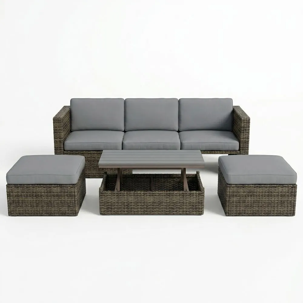 Set Divano da Giardino in Rattan con Cuscini Grigi e Tavolino Regolabile