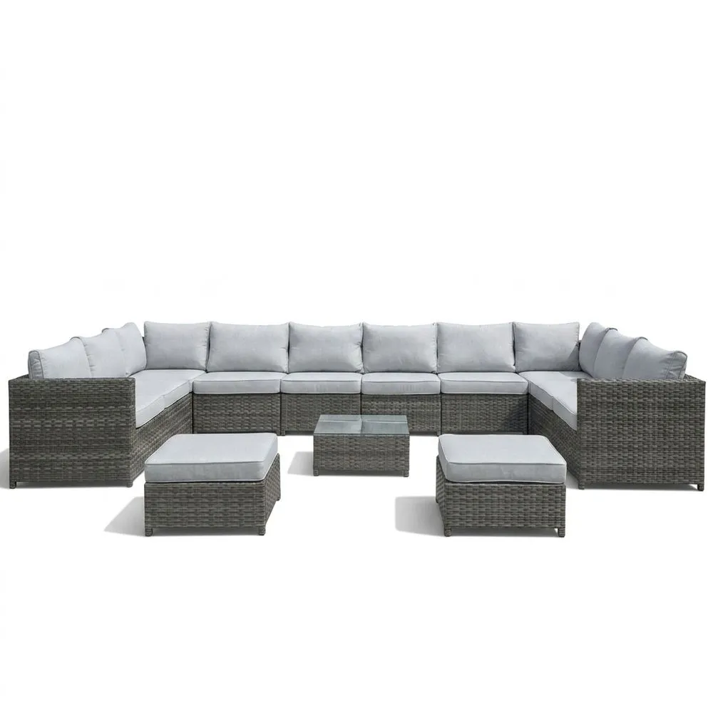 Set Divano Angolare Modulare da Giardino in Rattan Grigio con Tavolino in Vetro