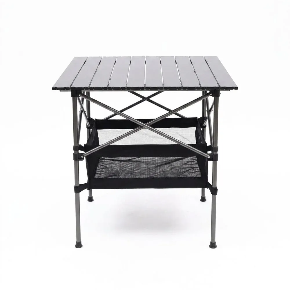 Tavolo da Campeggio Pieghevole in Alluminio e Acciaio con Mensola in Rete