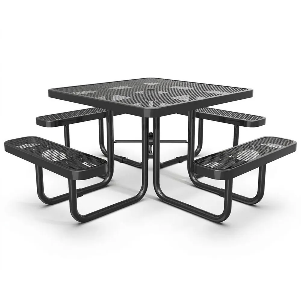 Tavolo da picnic quadrato con panca lunga integrata in acciaio verniciato nero