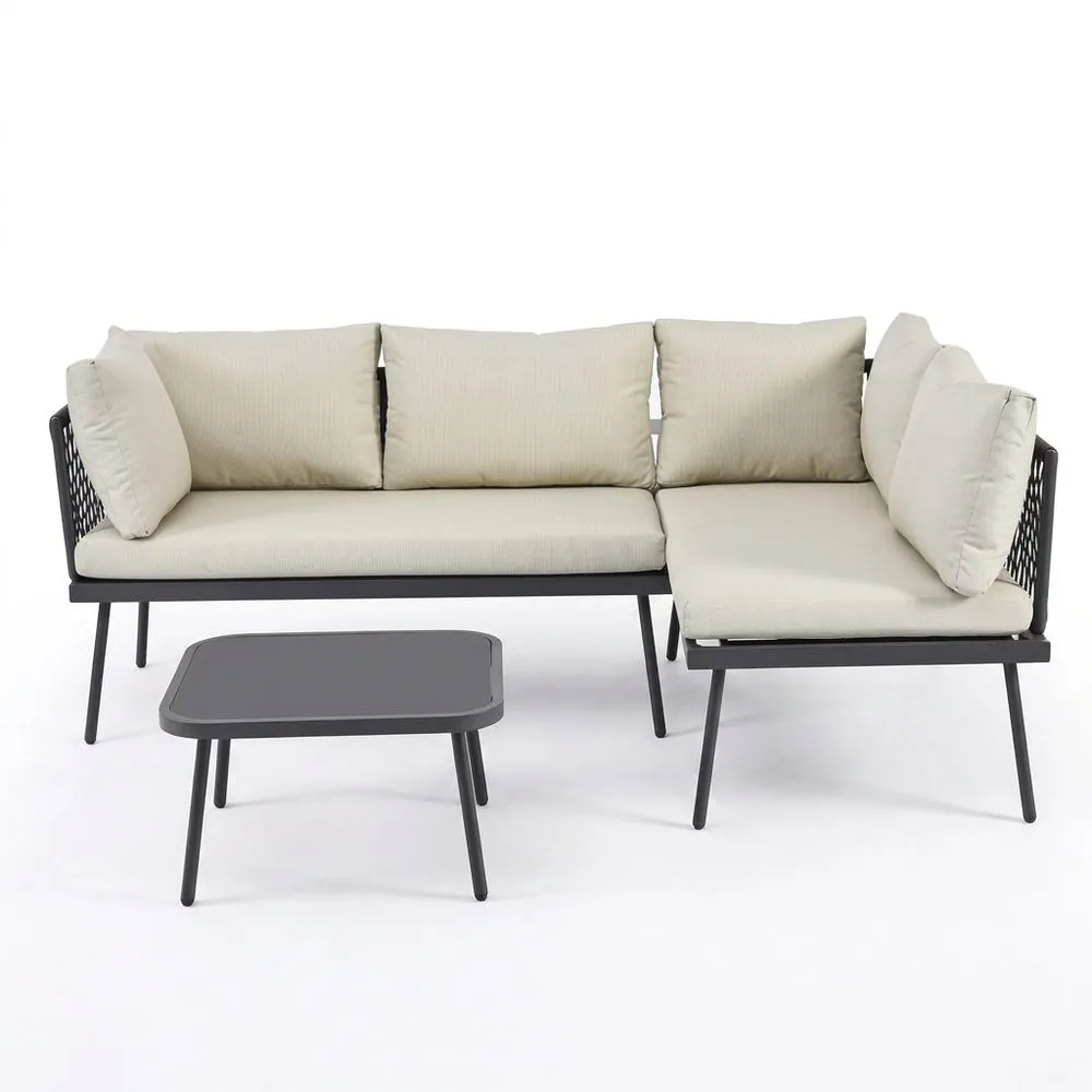 Set Divano Angolare da Giardino in Alluminio e Tessuto Beige con Tavolino