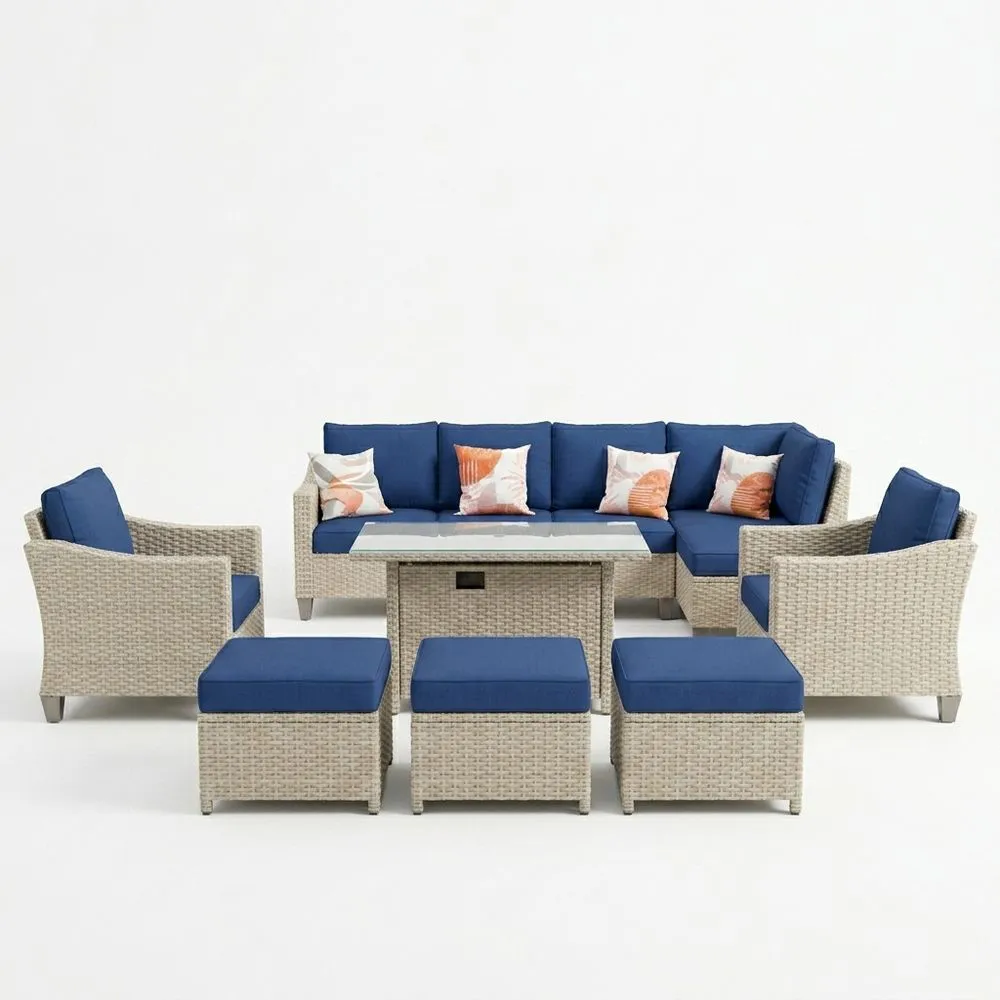 Set da Giardino in Polyrattan Grigio Blu con Cuscini