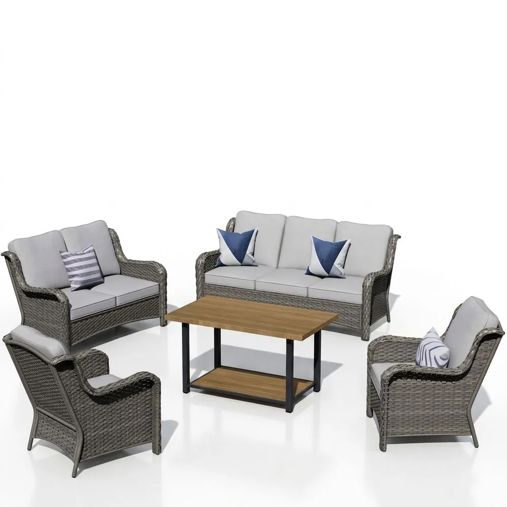 Set di divani da esterno in rattan sintetico grigio e rovere con cuscini
