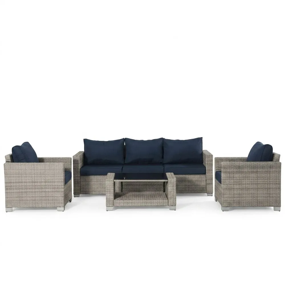 Set Divano da Giardino in Rattan e Tessuto Poliestere Blu