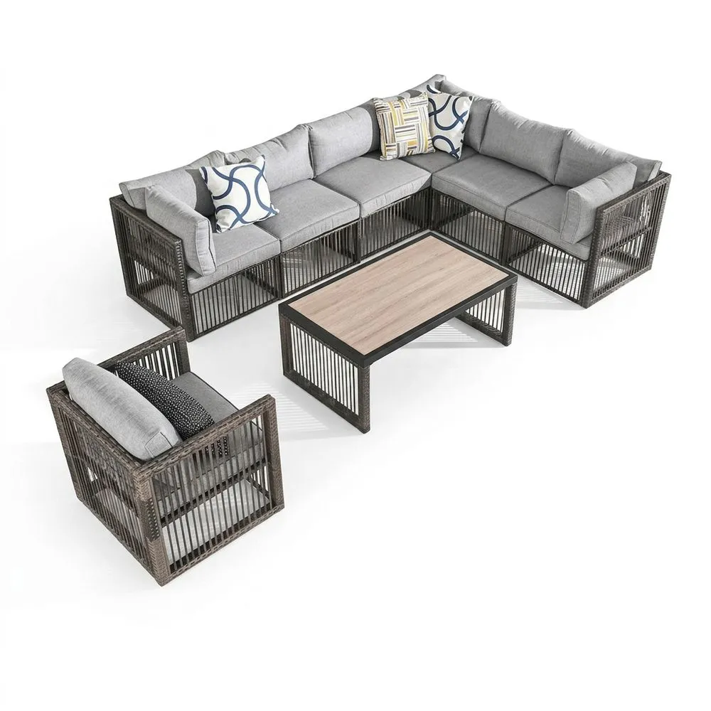 Set Divano Modulare da Esterno in Alluminio e Rattan con Cuscini Grigi