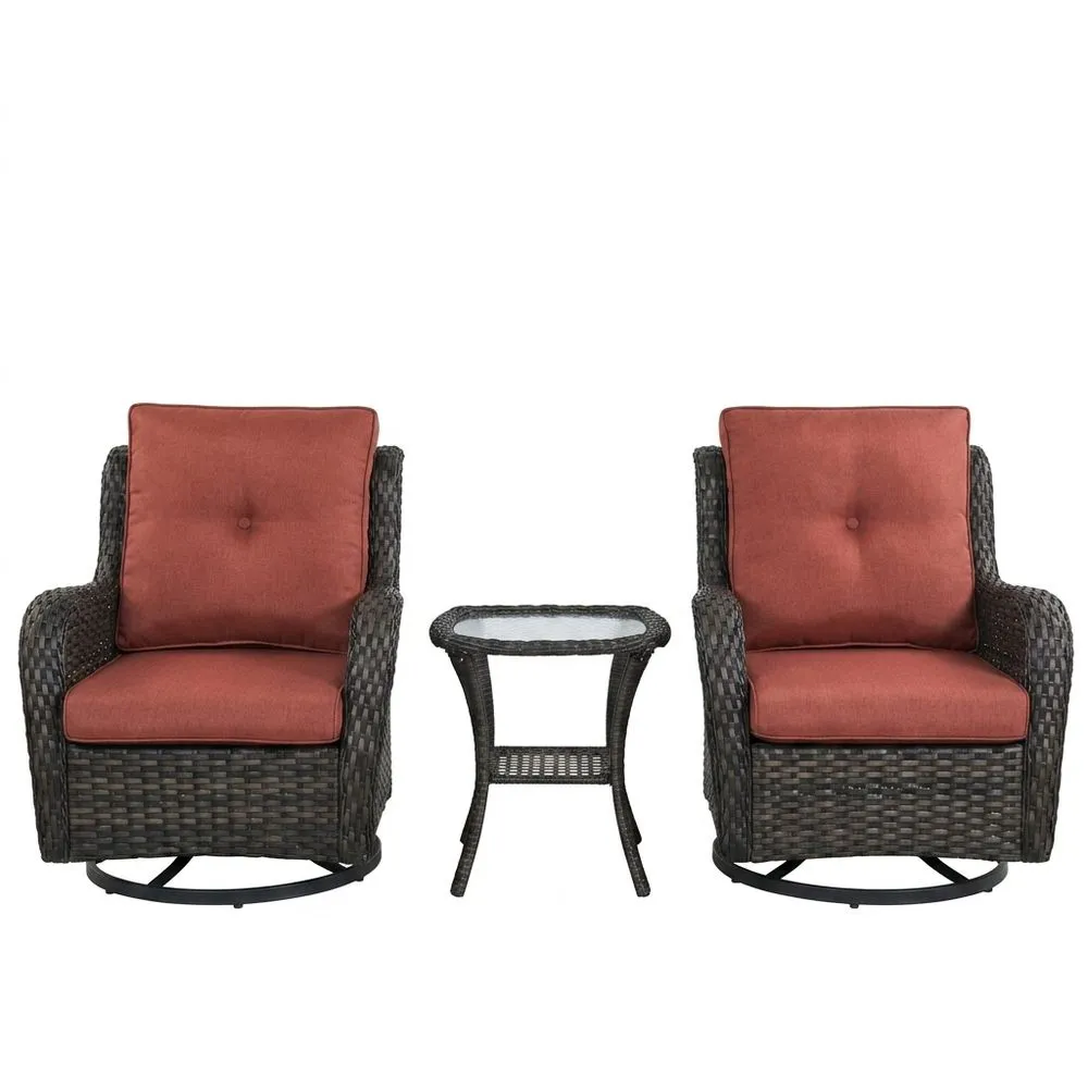 Set mobili da giardino in rattan con cuscini rossi e tavolino in vetro