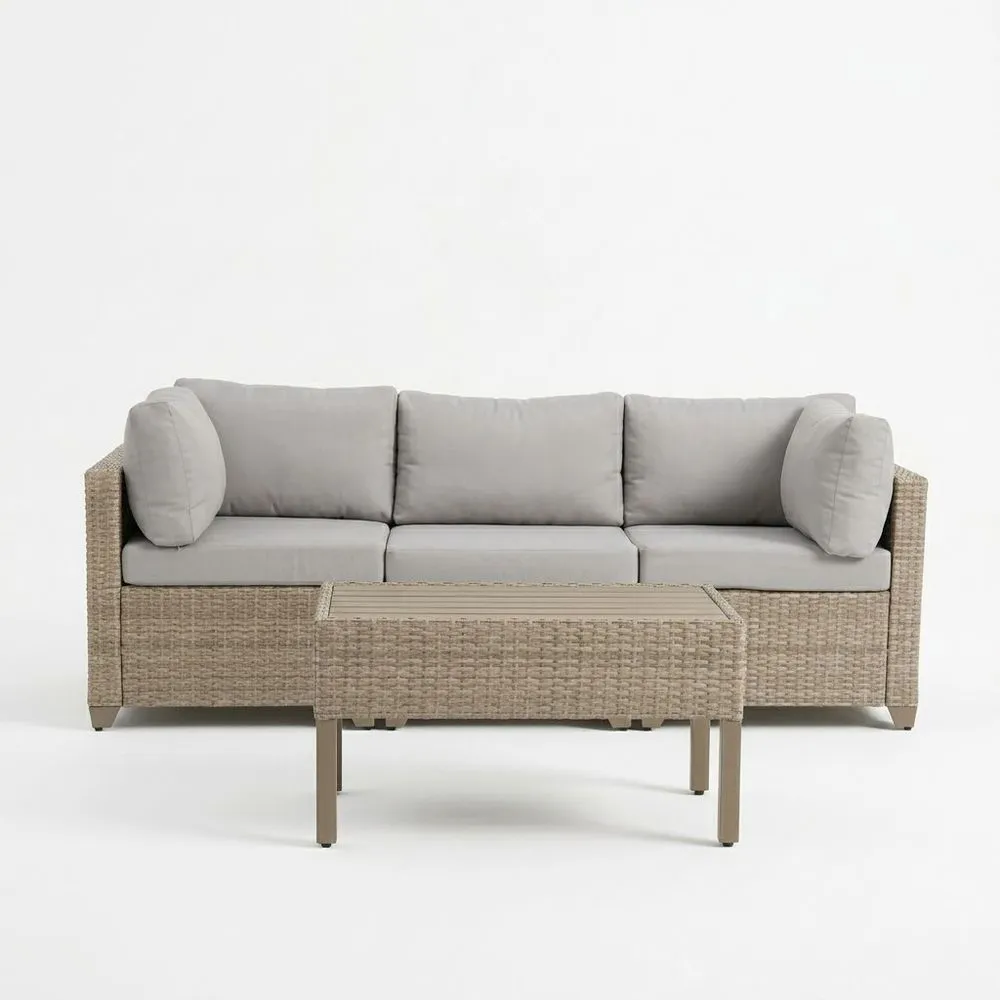 Set Divano da Esterno in Rattan Sintetico con Tavolino e Cuscini Grigi