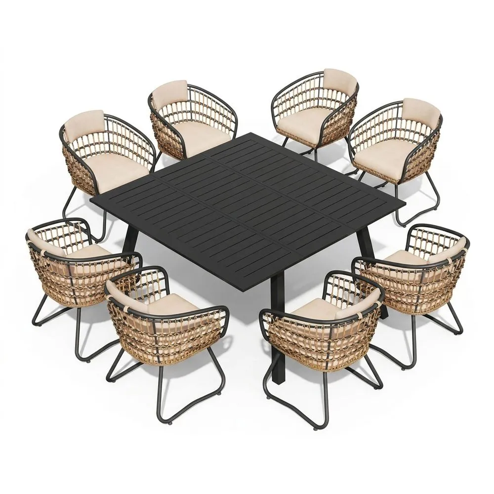 Set tavolo e sedie da esterno in alluminio e vimini 8 posti