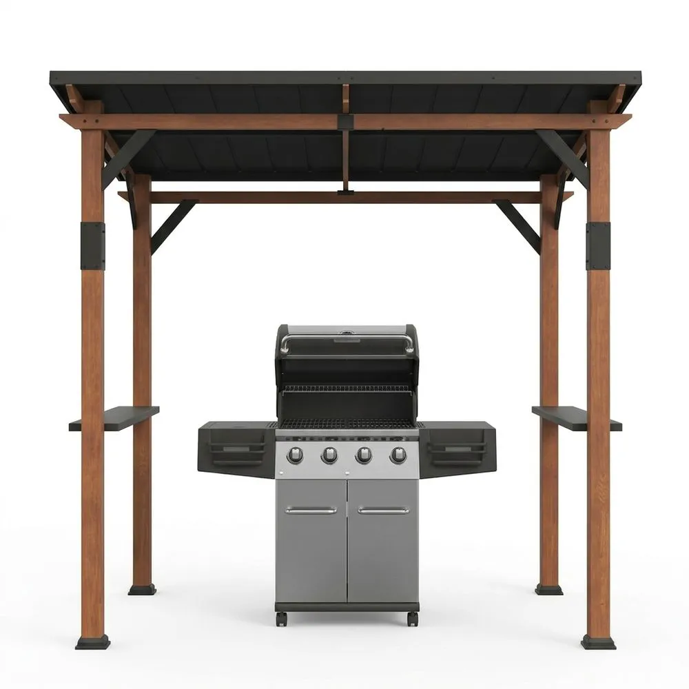 Gazebo in Acciaio e Legno con Griglia a Gas in Acciaio Inox a 4 Bruciatori