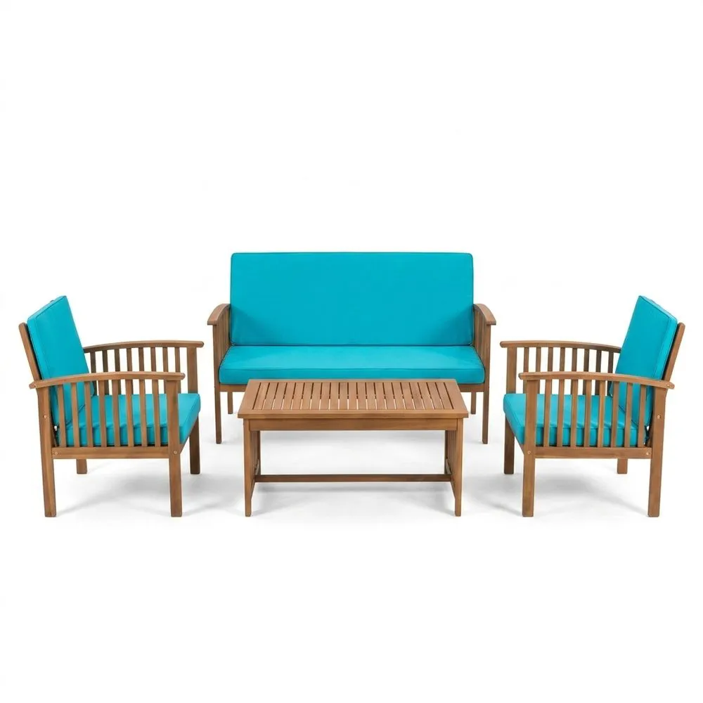 Set Mobili da Giardino in Legno con Cuscini Blu