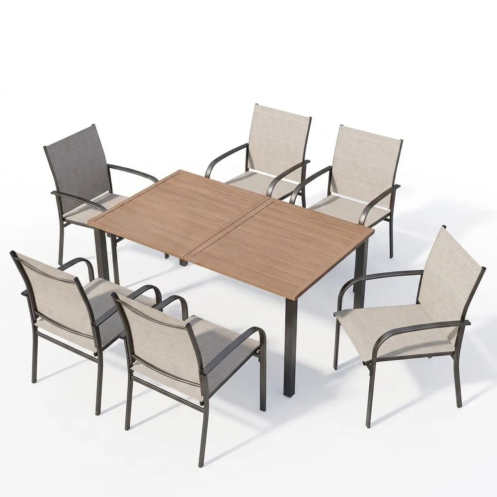 Set di tavolo e sedie da giardino in legno composito e acciaio verniciato a spruzzo