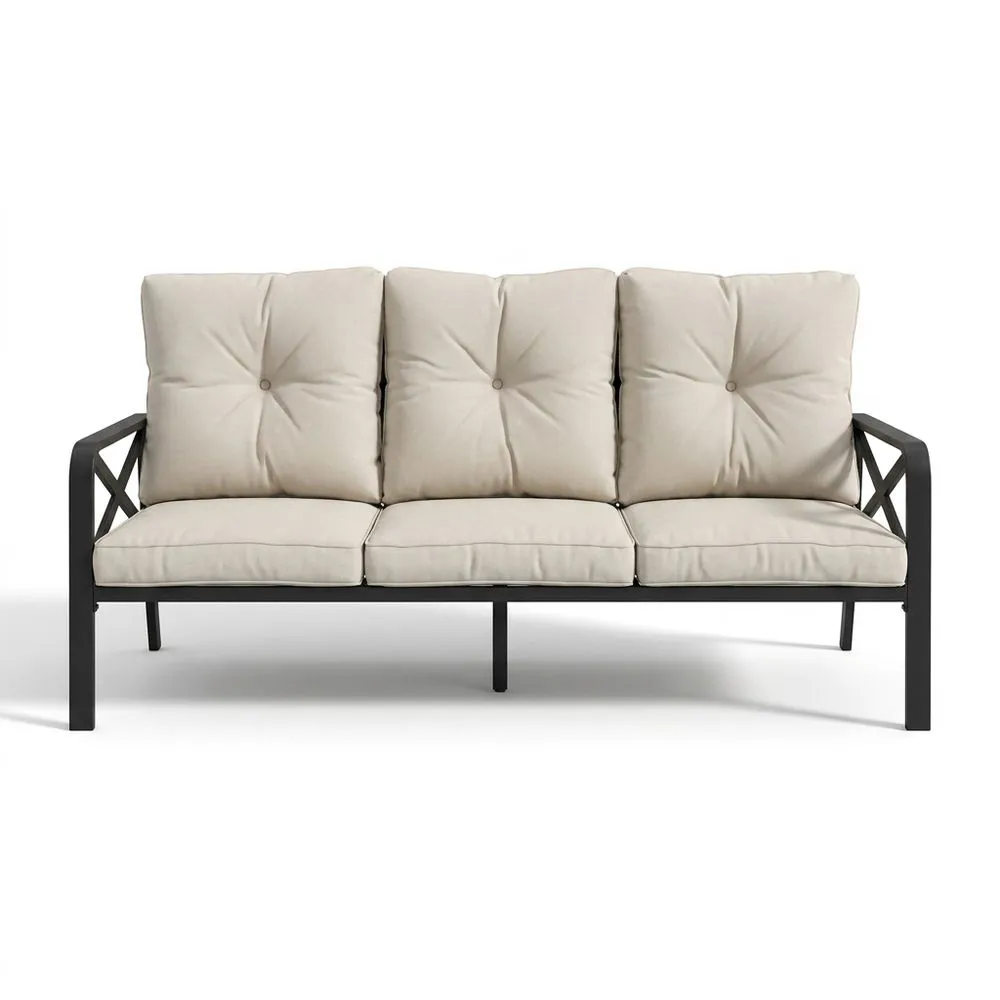 Divano a tre posti in acciaio verniciato e poliestere color crema 200x80x85 cm