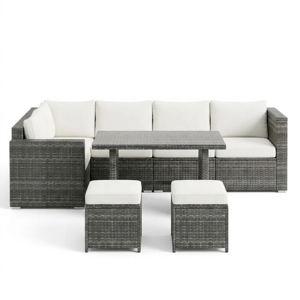Set Divano Angolare in Rattan Sintetico con Cuscini Bianchi e Tavolo da Esterno