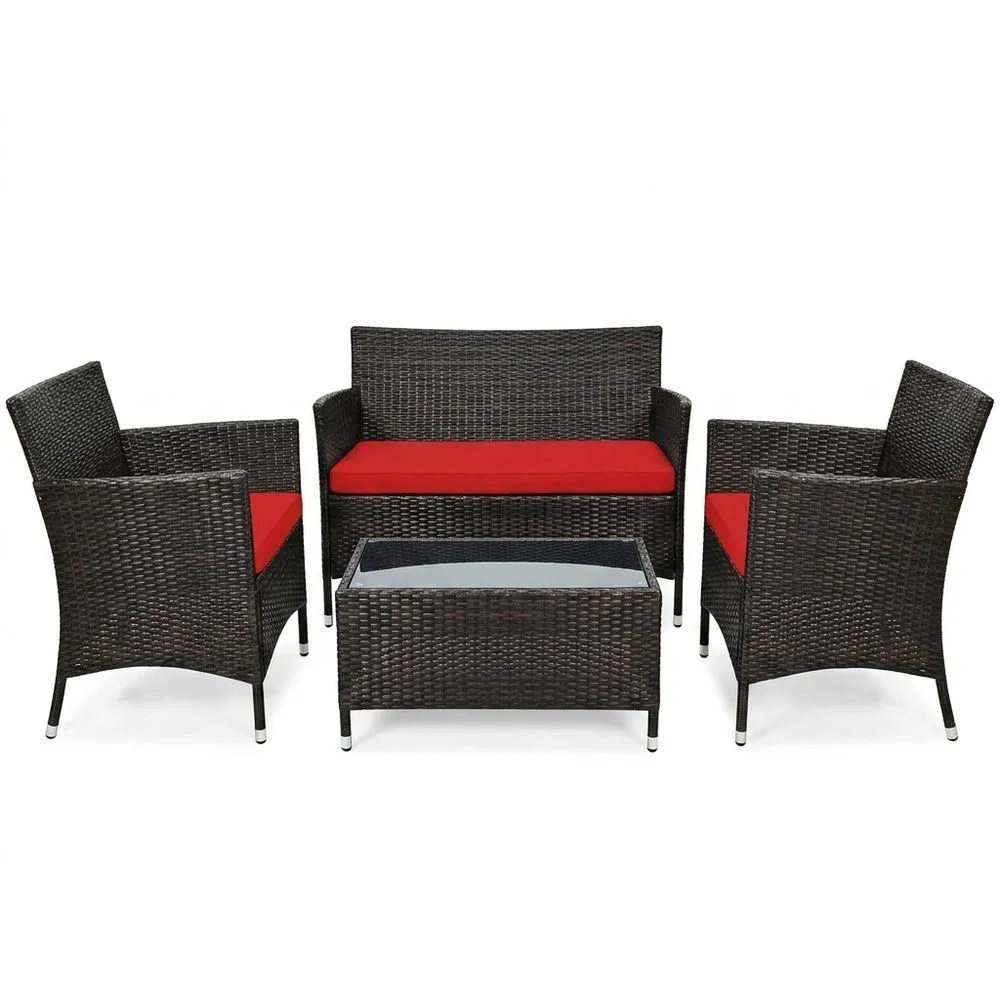Set Mobili da Giardino in Rattan PE con Cuscini Rossi e Tavolino in Vetro Temperato