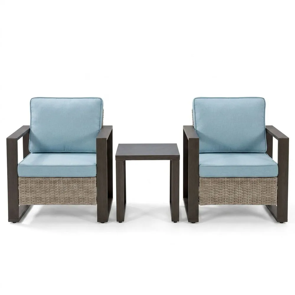 Set di mobili da giardino composto da tre pezzi, in acciaio e rattan sintetico, con cuscini blu